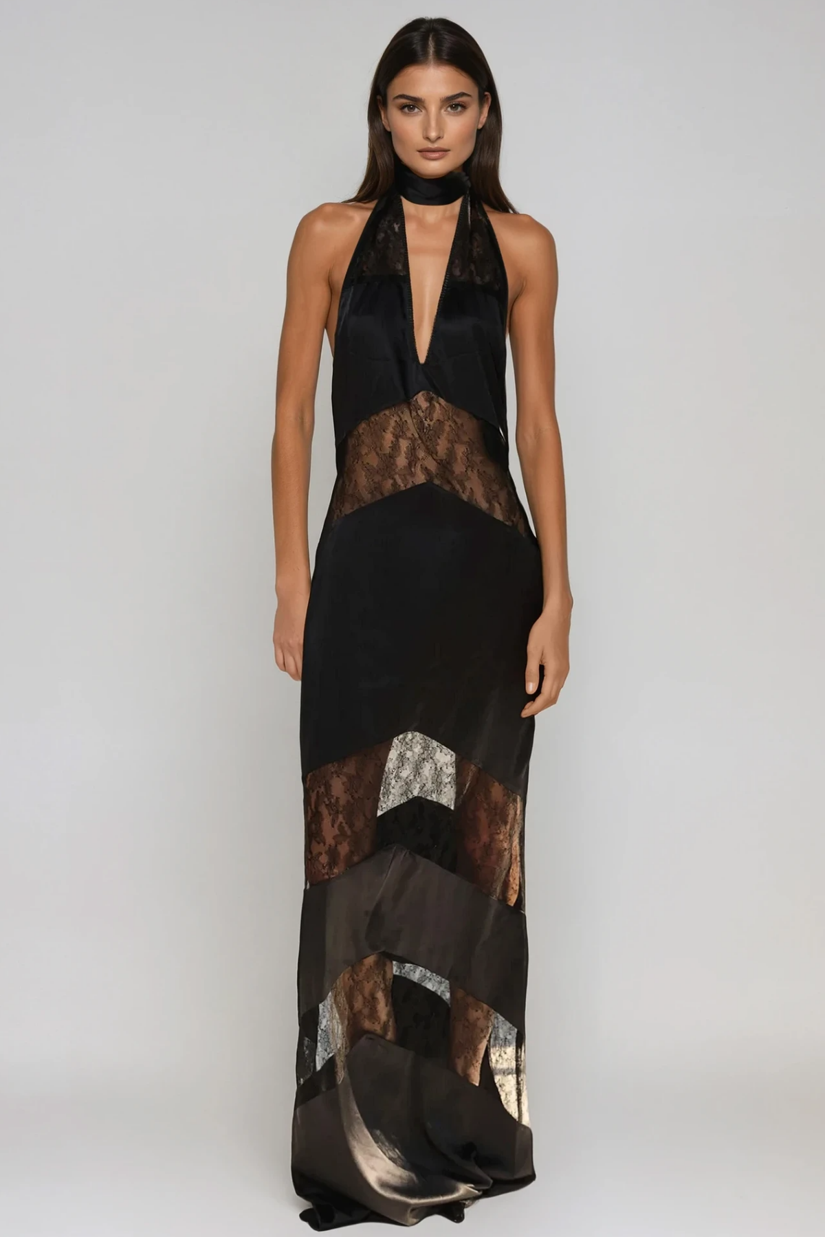 Armoirè Bernal Spitzen-Maxikleid Černé